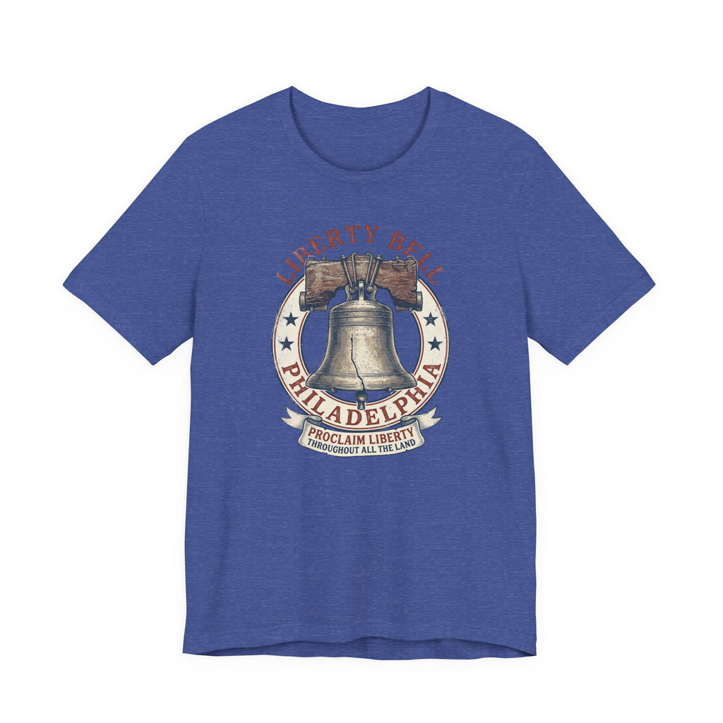 Royal blue T-shirt with Liberty Bell graphic emblem at center chest