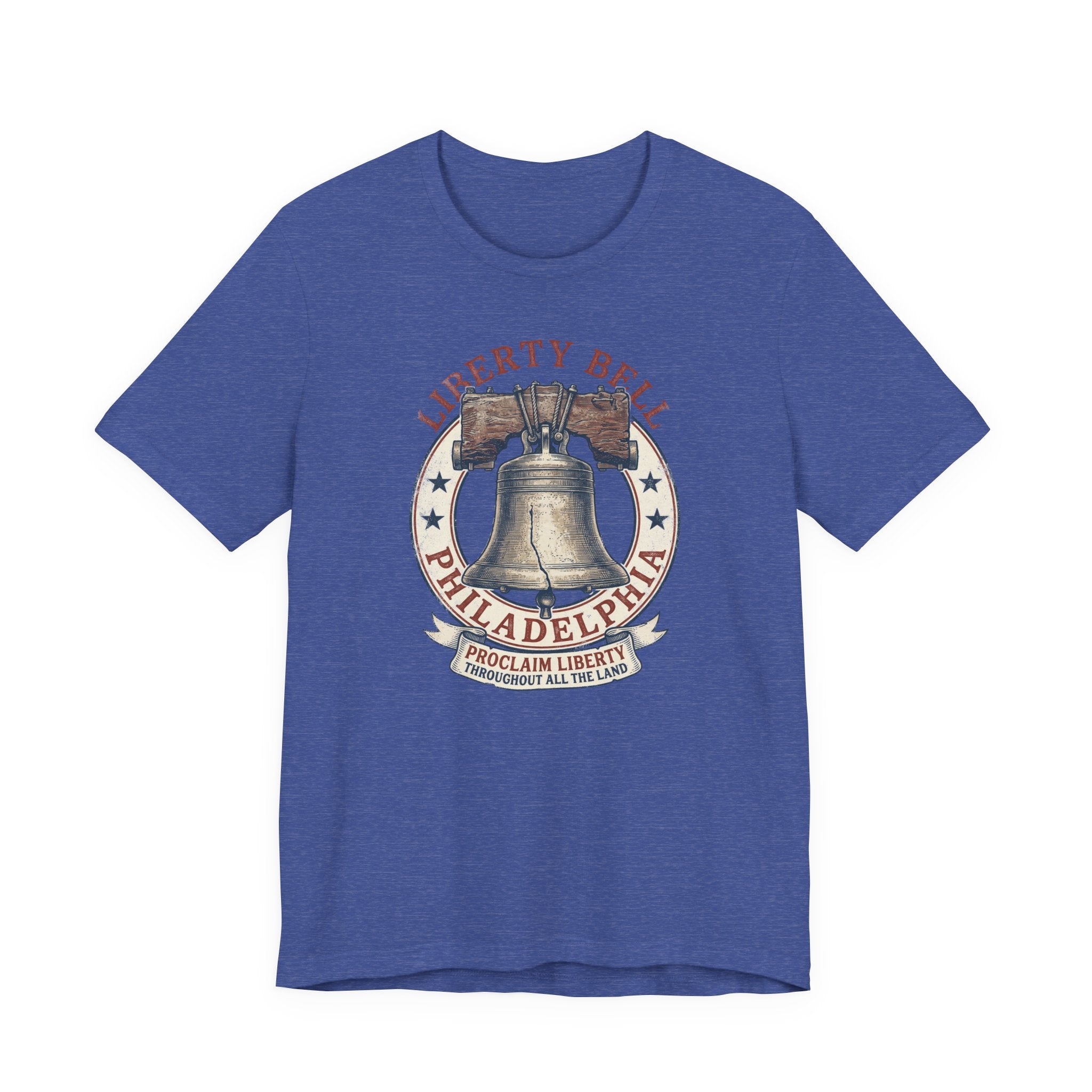 Royal blue T-shirt with Liberty Bell graphic emblem at center chest