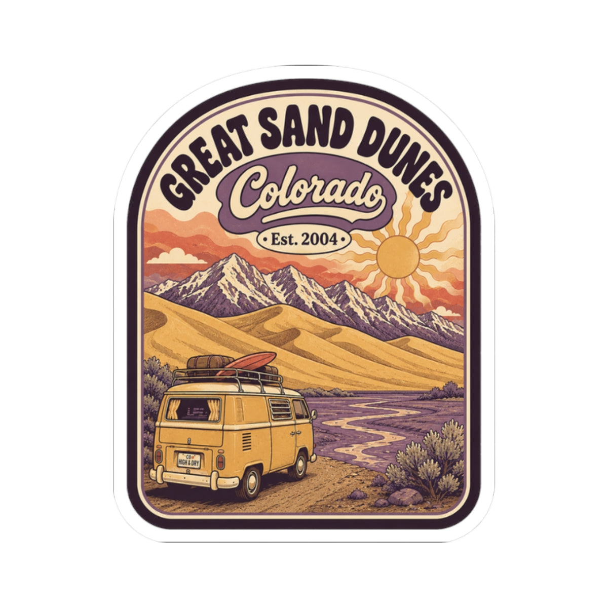Great Sand Dunes Colorado sticker with sunset dunes, mountains, and vintage camper van illustration