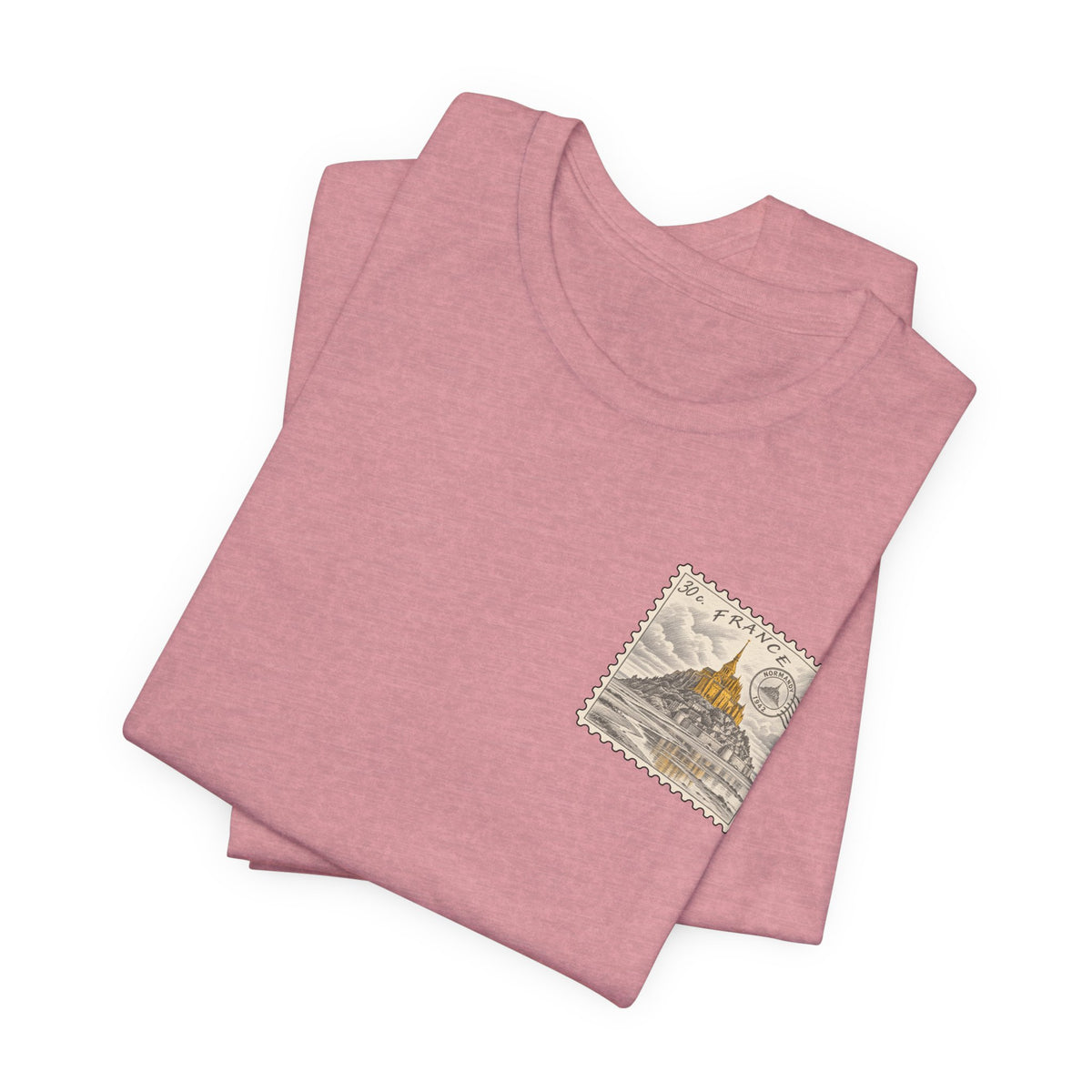 Rose pink short-sleeve T-shirt with vintage stamp graphic detail and crew neckline