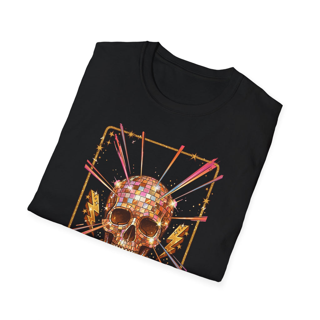 Black T-shirt with disco skull and mirrored disco ball in colorful retro frame