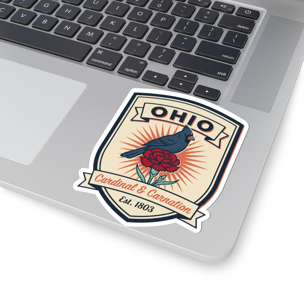Ohio vintage decal sticker with cardinal and carnation, Est. 1803, white border