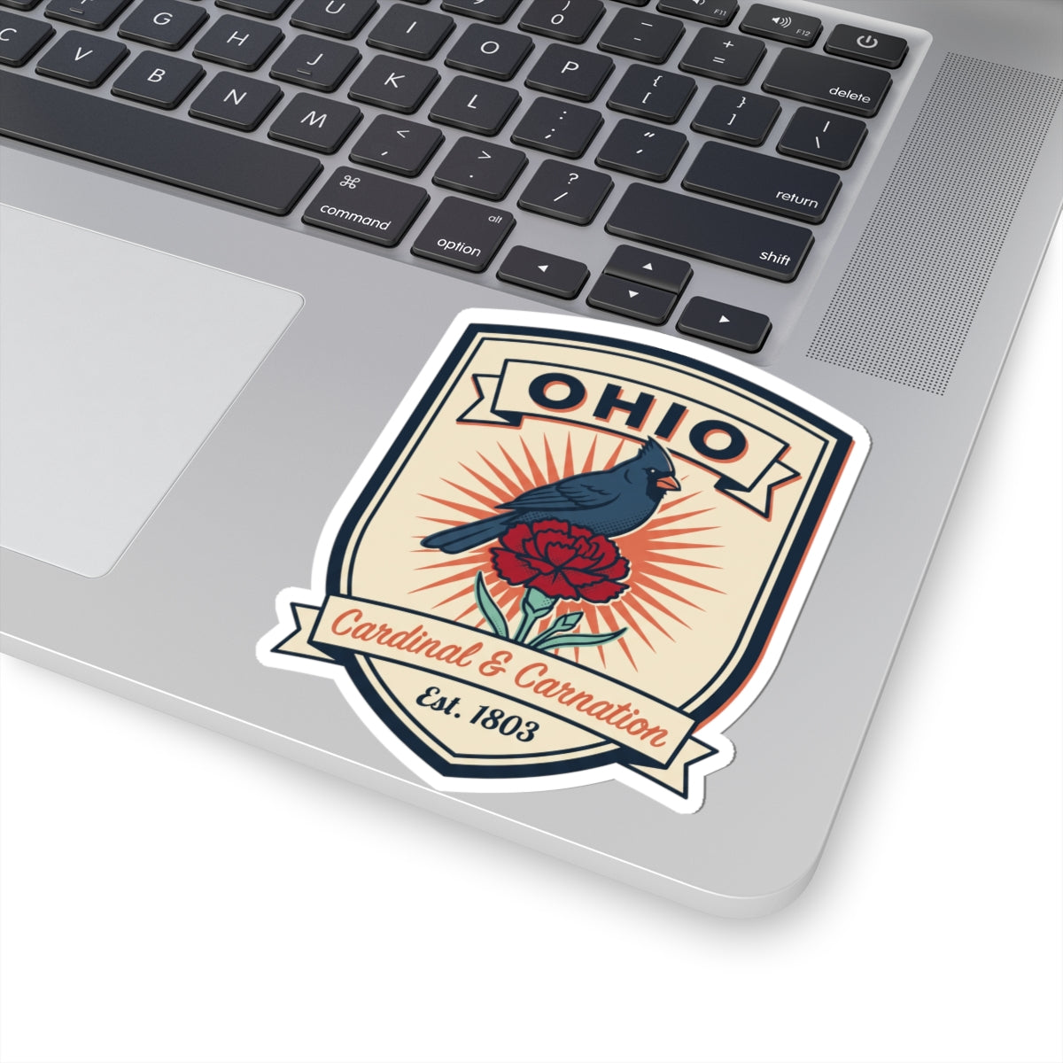 Ohio vintage decal sticker with cardinal and carnation, Est. 1803, white border