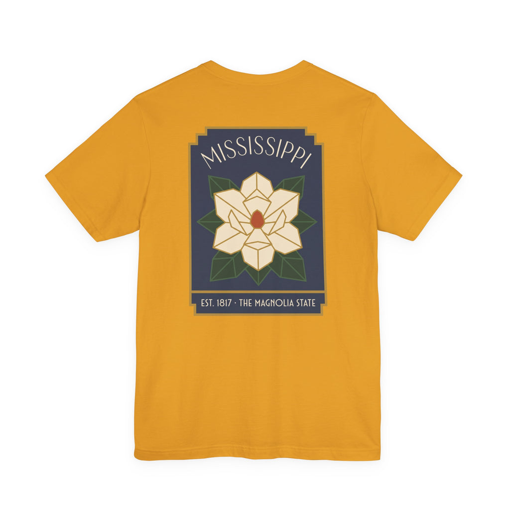 Mustard T-shirt with Magnolia square graphic and Mississippi text
