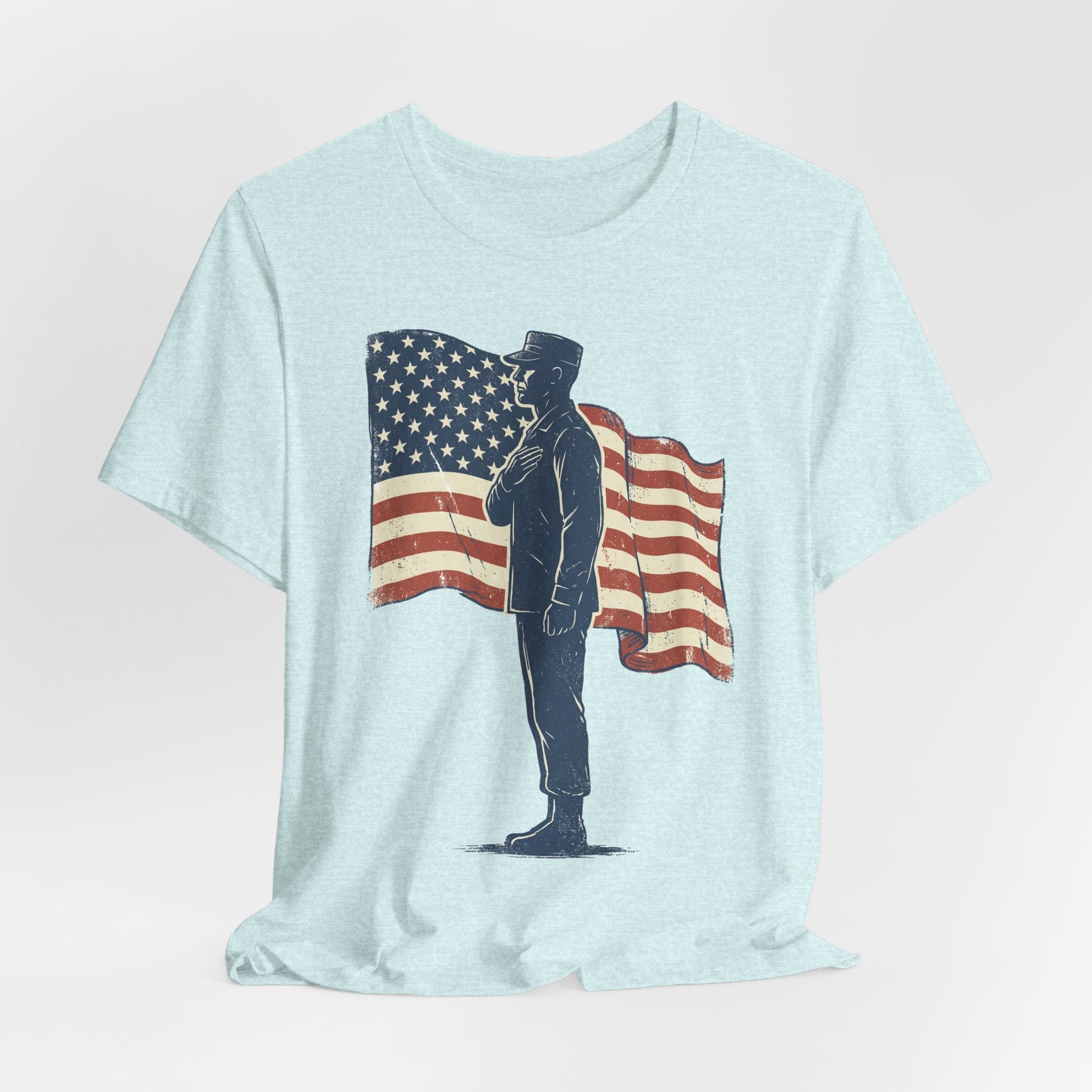 Aqua T-shirt with saluting soldier and American flag graphic on the front