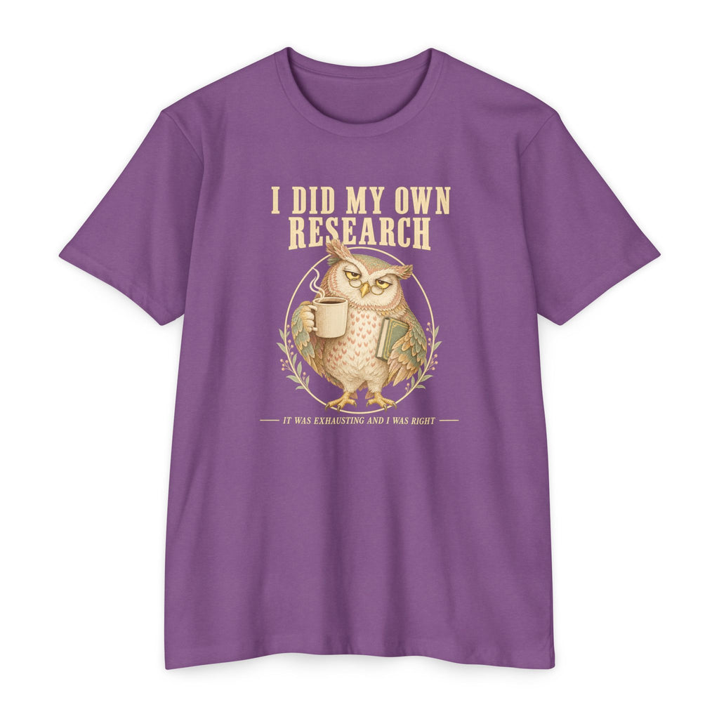 Crewneck T-shirt in purple with owl coffee mug graphic and 'I did my own research'