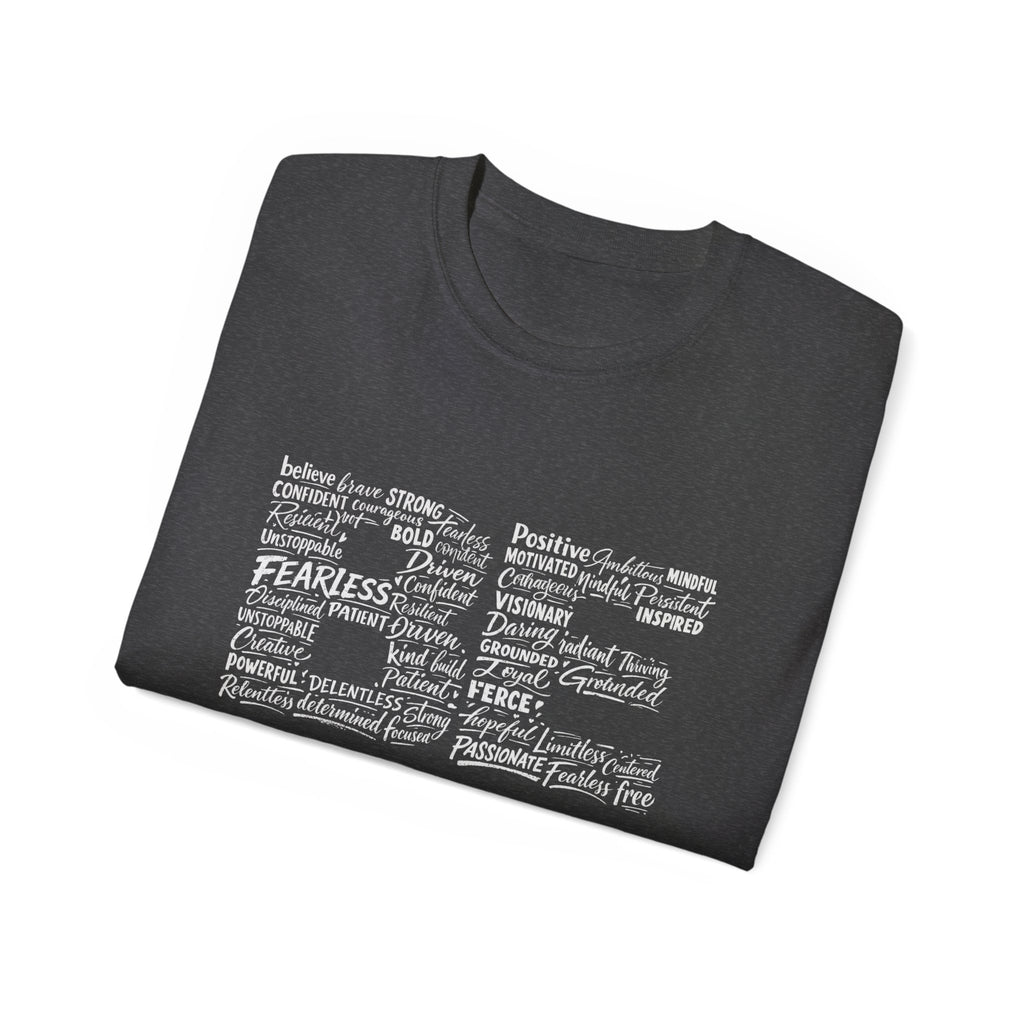 Dark Heather Life word cloud inspirational typography shirt, front view
