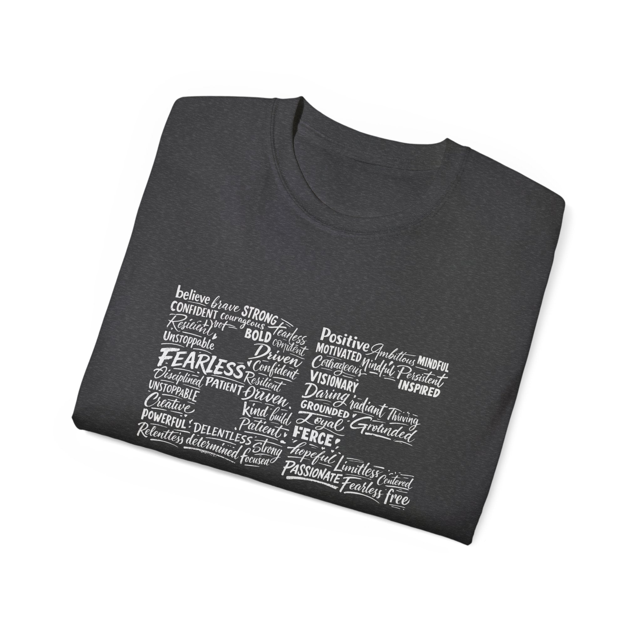 Dark Heather Life word cloud inspirational typography shirt, front view