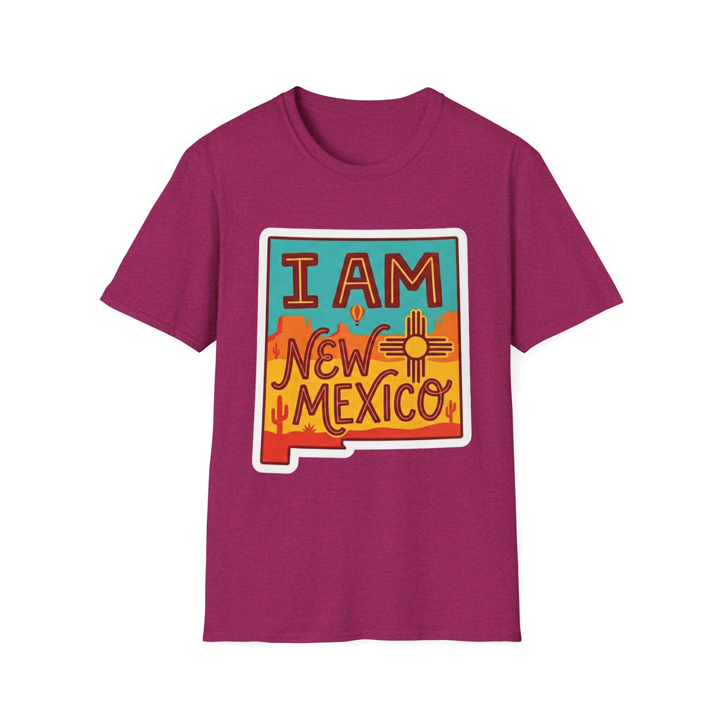 Heather purple T-shirt with “I AM New Mexico” state pride graphic on the chest