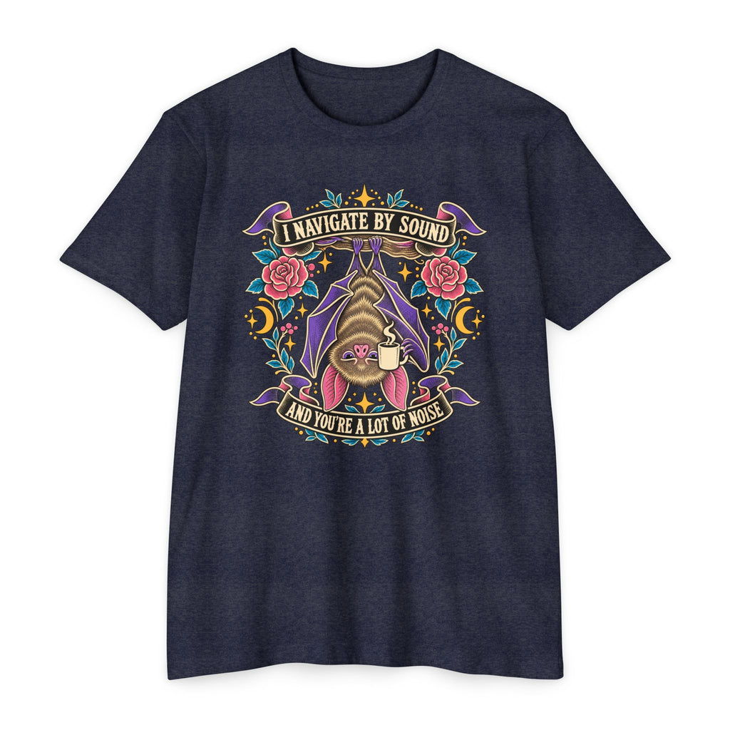 Heather dark blue crew-neck T-shirt with colorful bat and floral graphic at center chest
