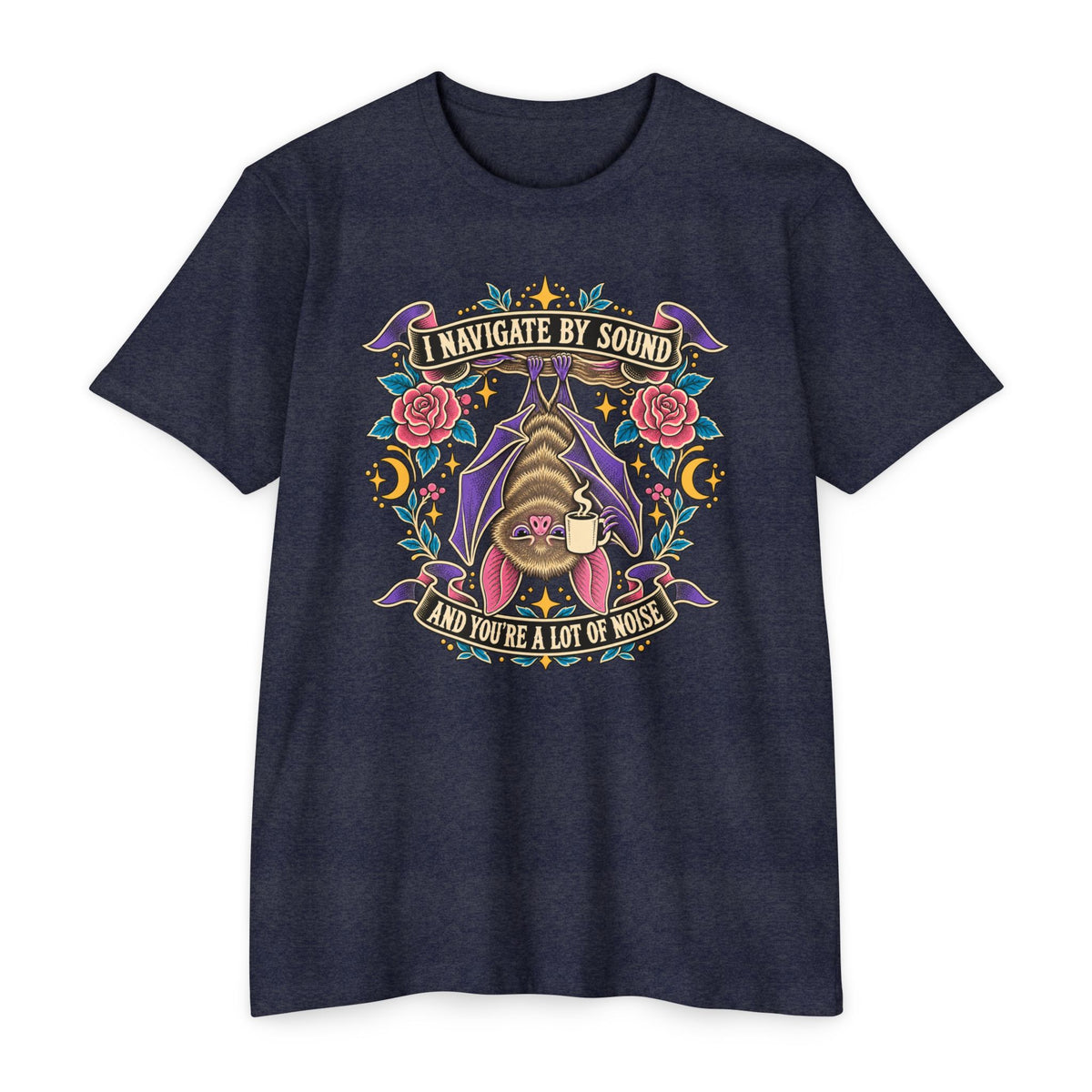 Heather dark blue crew-neck T-shirt with colorful bat and floral graphic at center chest