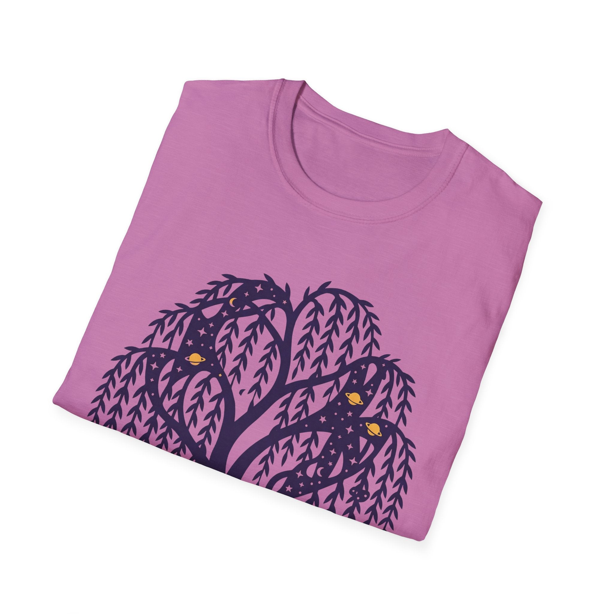 Pink T-shirt with owl-and-weeping-willow tree graphic on the front