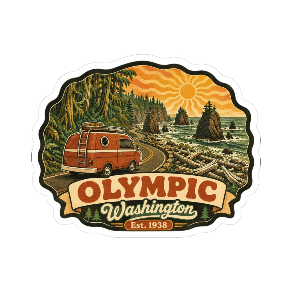 Vinyl sticker with vintage orange camper, forest and sun, “OLYMPIC Washington Est. 1938”