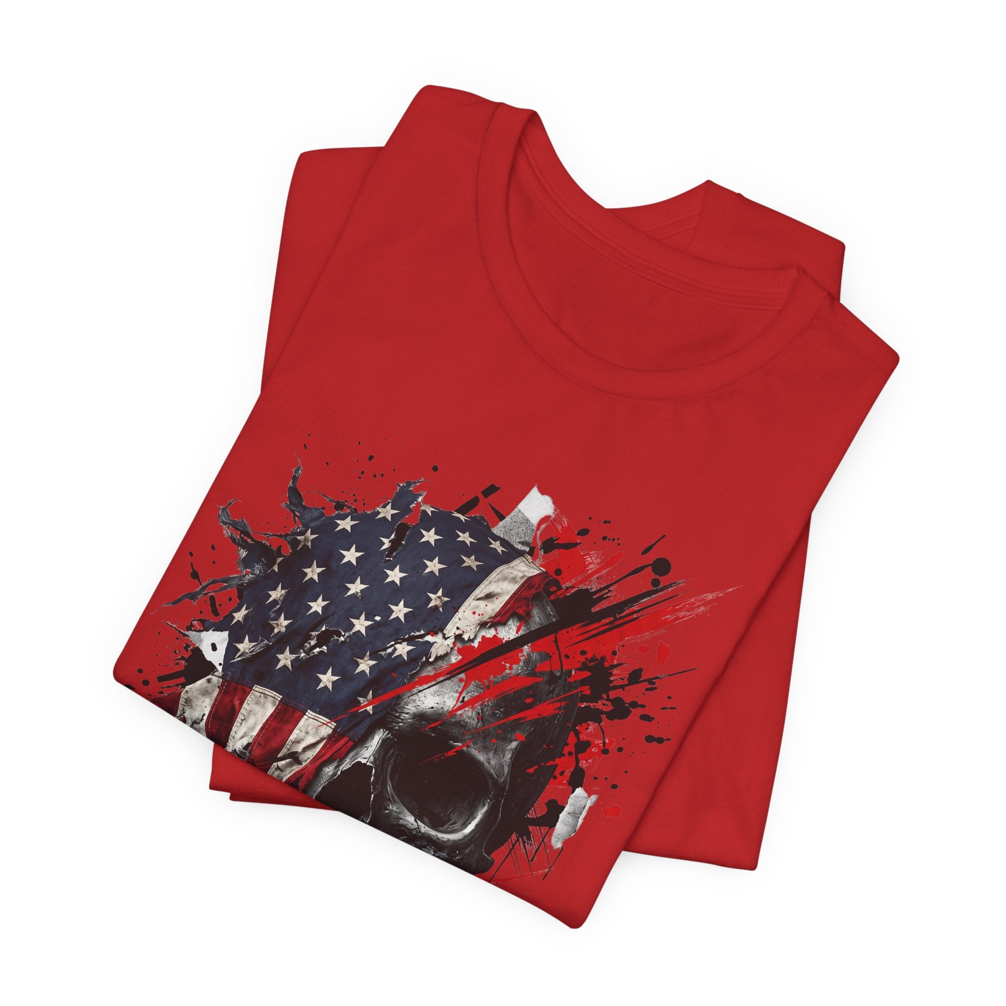 Red crewneck T-shirt with skull and American flag splatter graphic