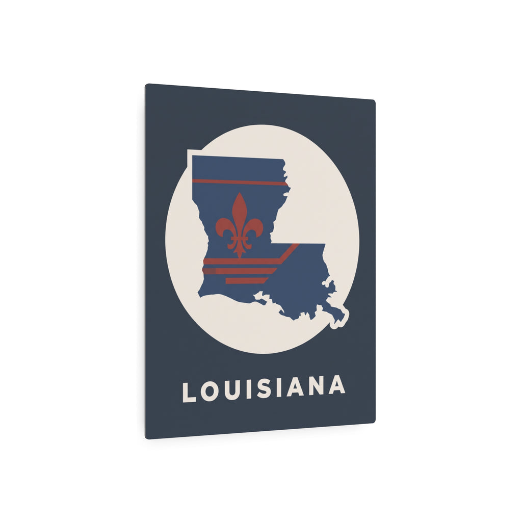 Louisiana metal art sign showing navy map, red fleur-de-lis, and “LOUISIANA” lettering