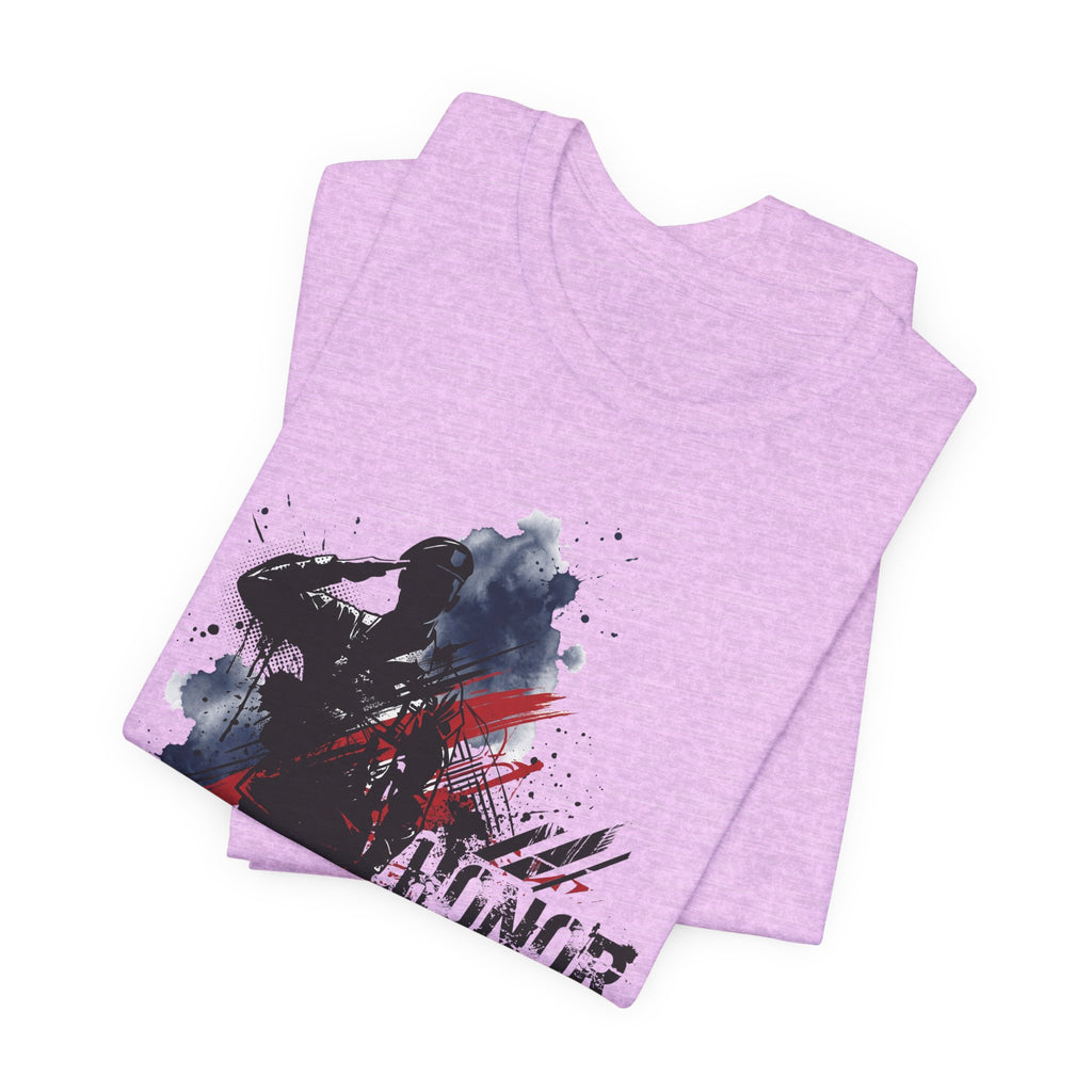 Lavender T-shirt with front printed soldier silhouette graphic in black, red, and blue