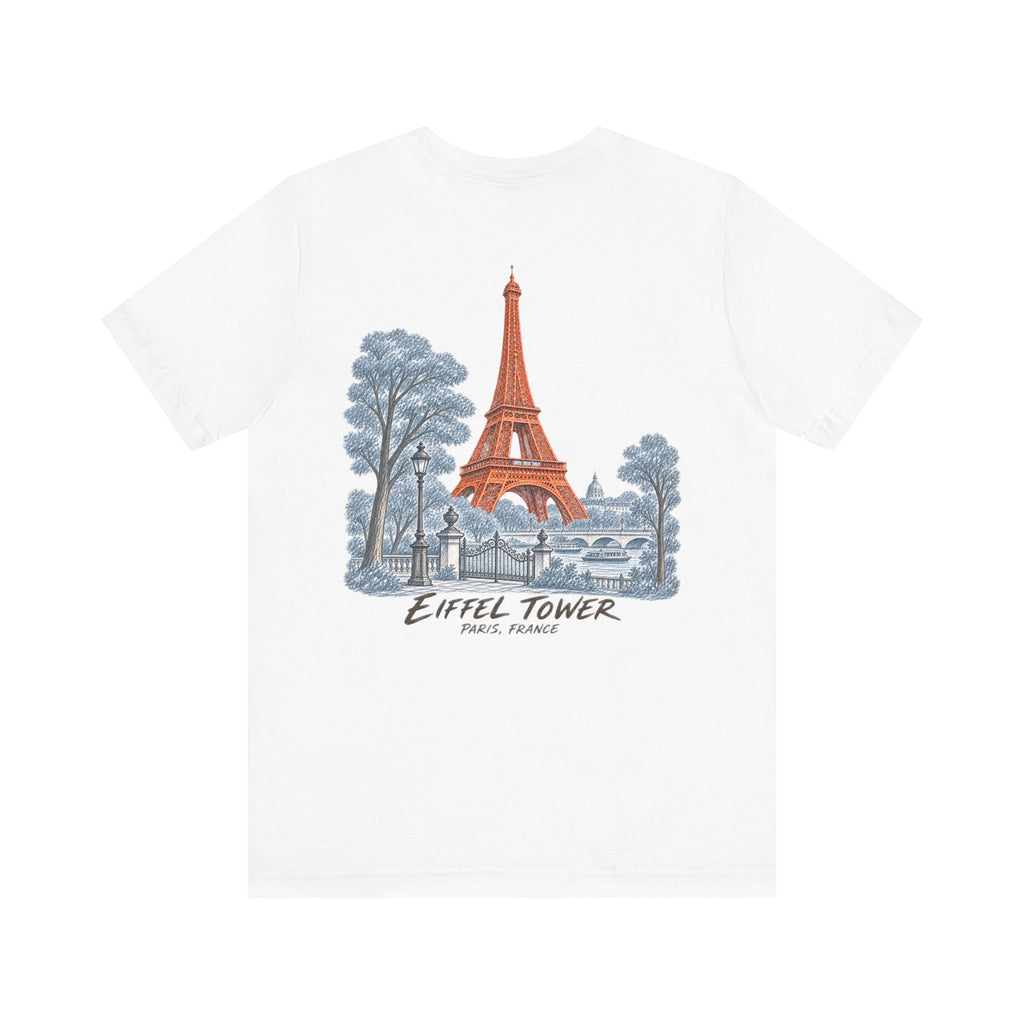 White crew-neck graphic tee with Eiffel Tower illustration center front