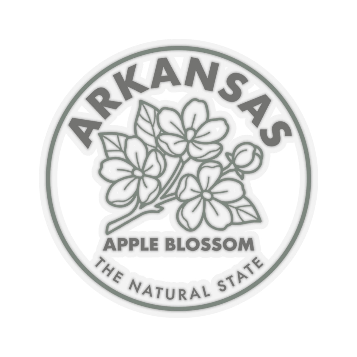 Round Arkansas apple blossom sticker featuring leaf-and-flower line art and “APPLES BLOSSOM.”