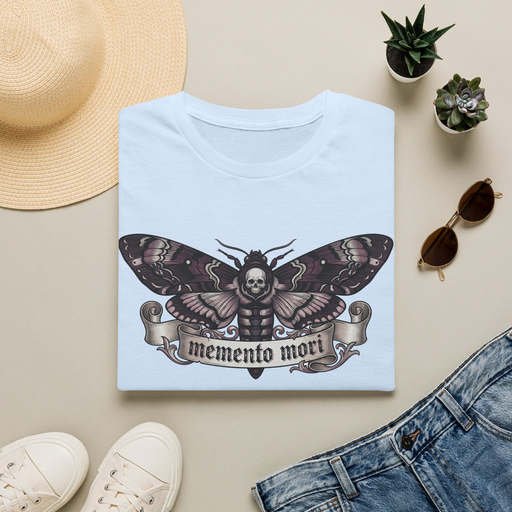 Light blue crew-neck t-shirt with death moth skull graphic across the chest