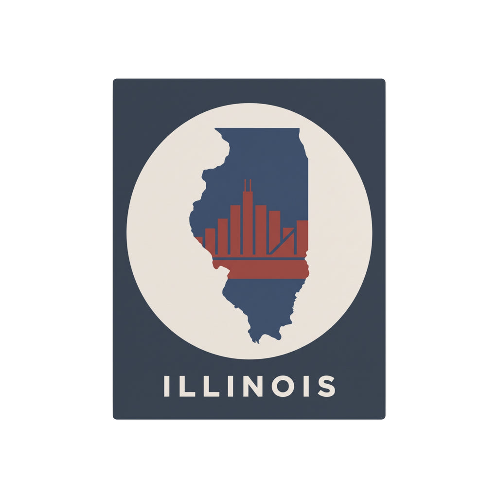 Illinois metal wall art sign with blue background, white circle, red skyline bars, ILLINOIS text
