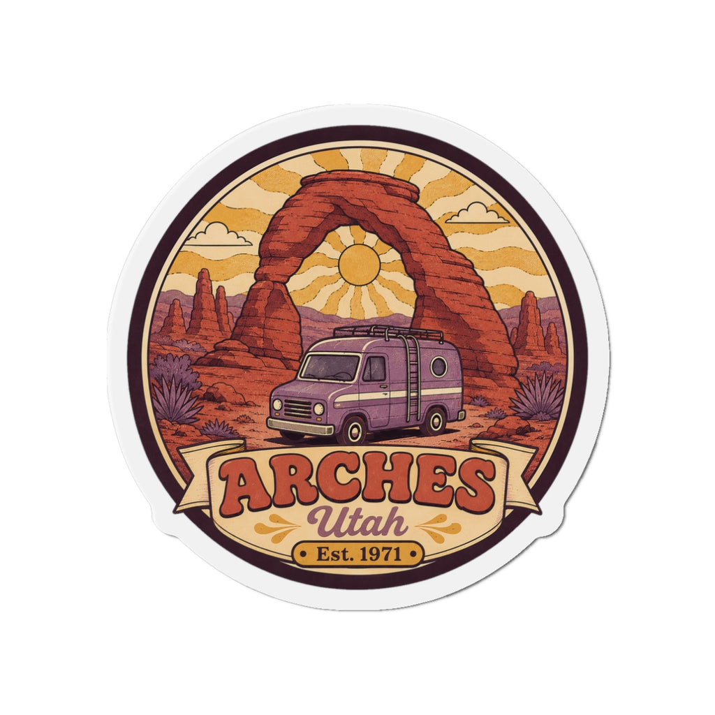 Round die-cut fridge magnet featuring Arches Utah camper van under large stone arch