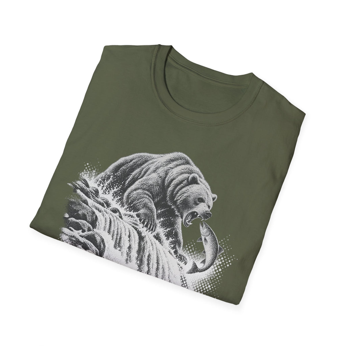 Military green crewneck T-shirt with gray grizzly bear front graphic