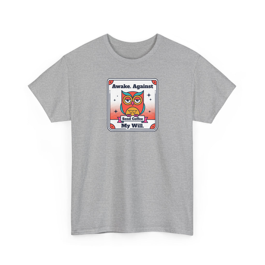 Sport grey T-shirt with crew neck and owl coffee graphic on the front.