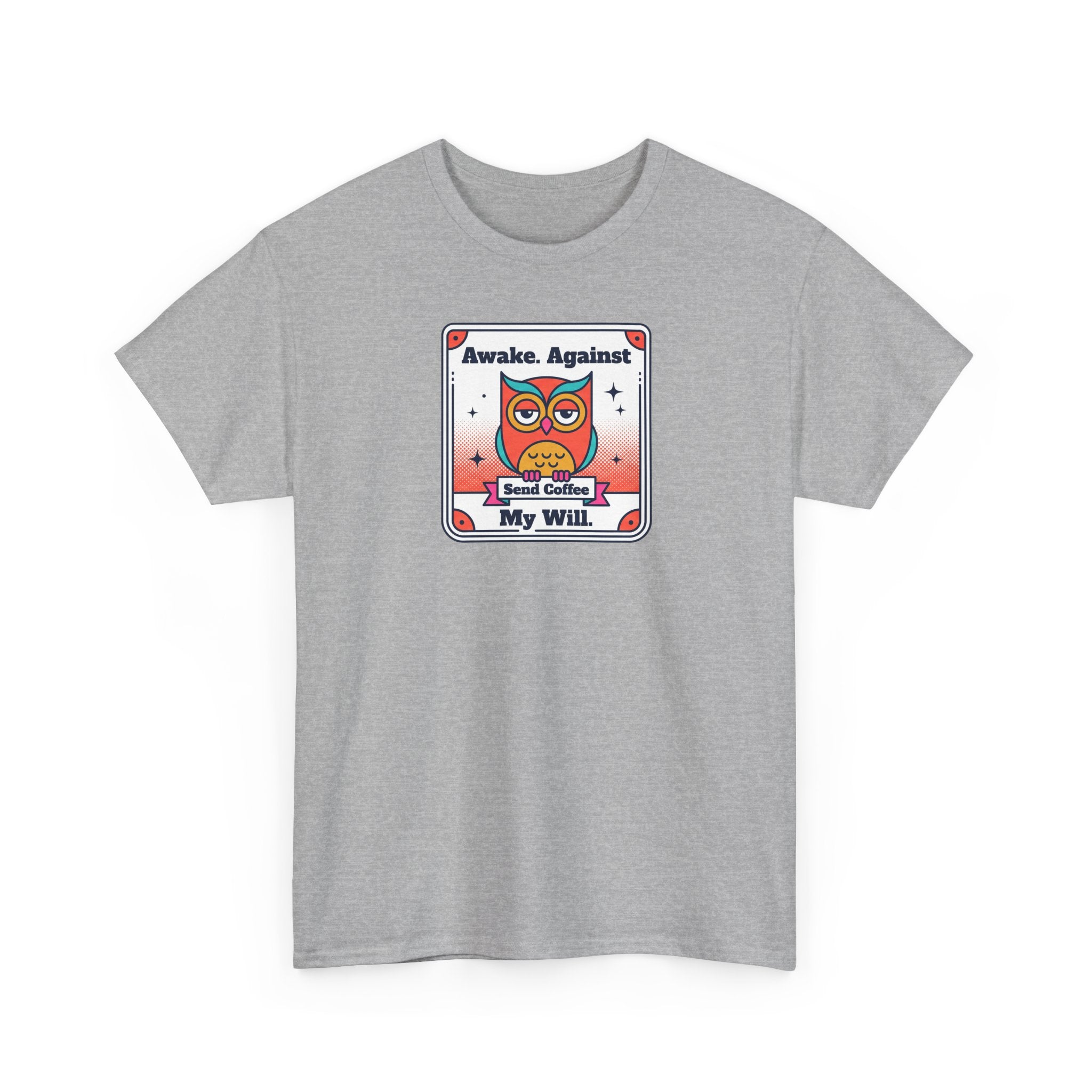 Sport grey T-shirt with crew neck and owl coffee graphic on the front.