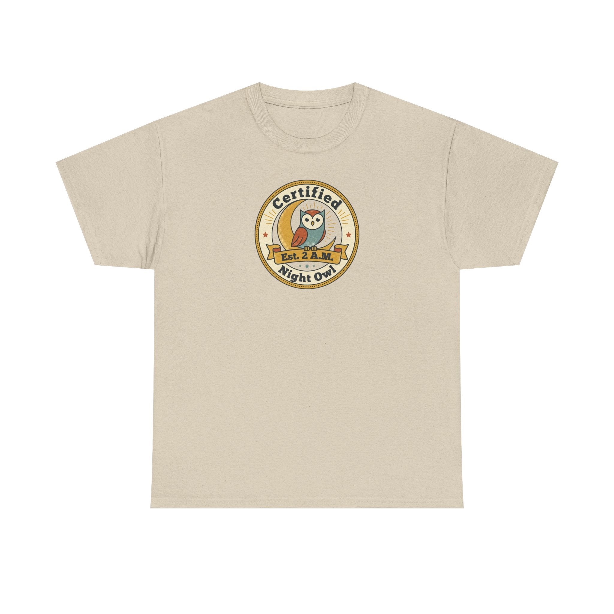 Beige crewneck T-shirt with round owl badge print on chest