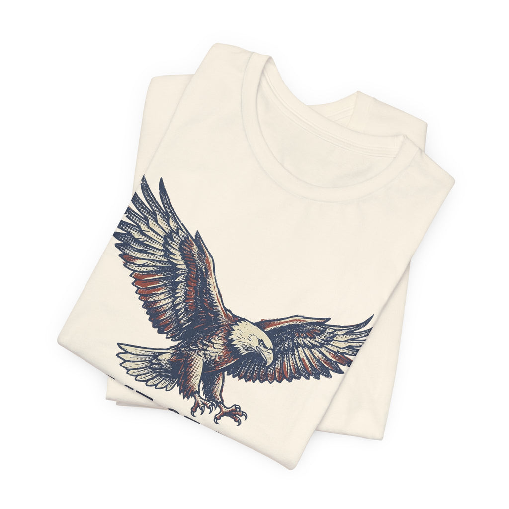 Natural cream short-sleeve T-shirt with flying bald eagle graphic, crew neck