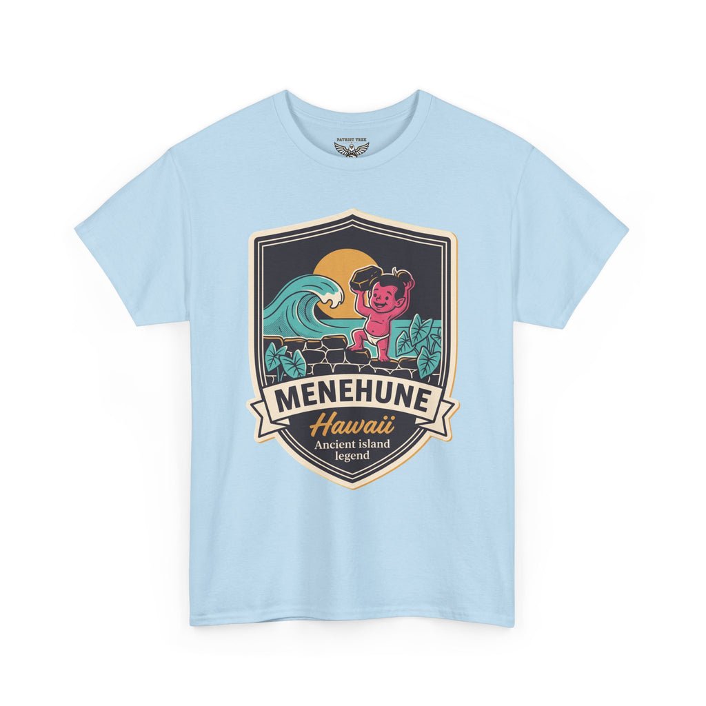 Light blue kids graphic T-shirt with Menhune Hawaii crest, surf wave and tiki kid emblem