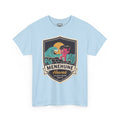 Light blue kids graphic T-shirt with Menhune Hawaii crest, surf wave and tiki kid emblem