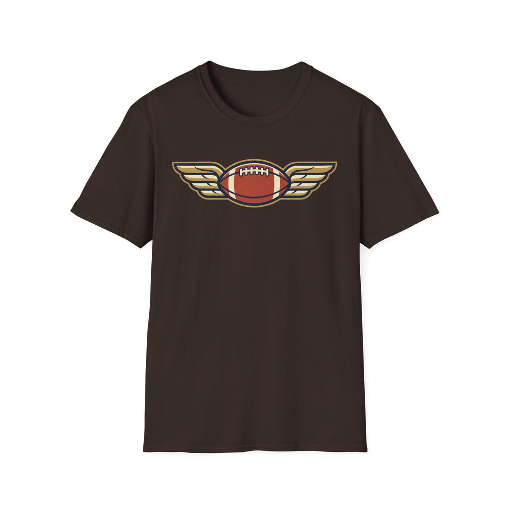 Dark brown crewneck T-shirt with winged football graphic at center chest