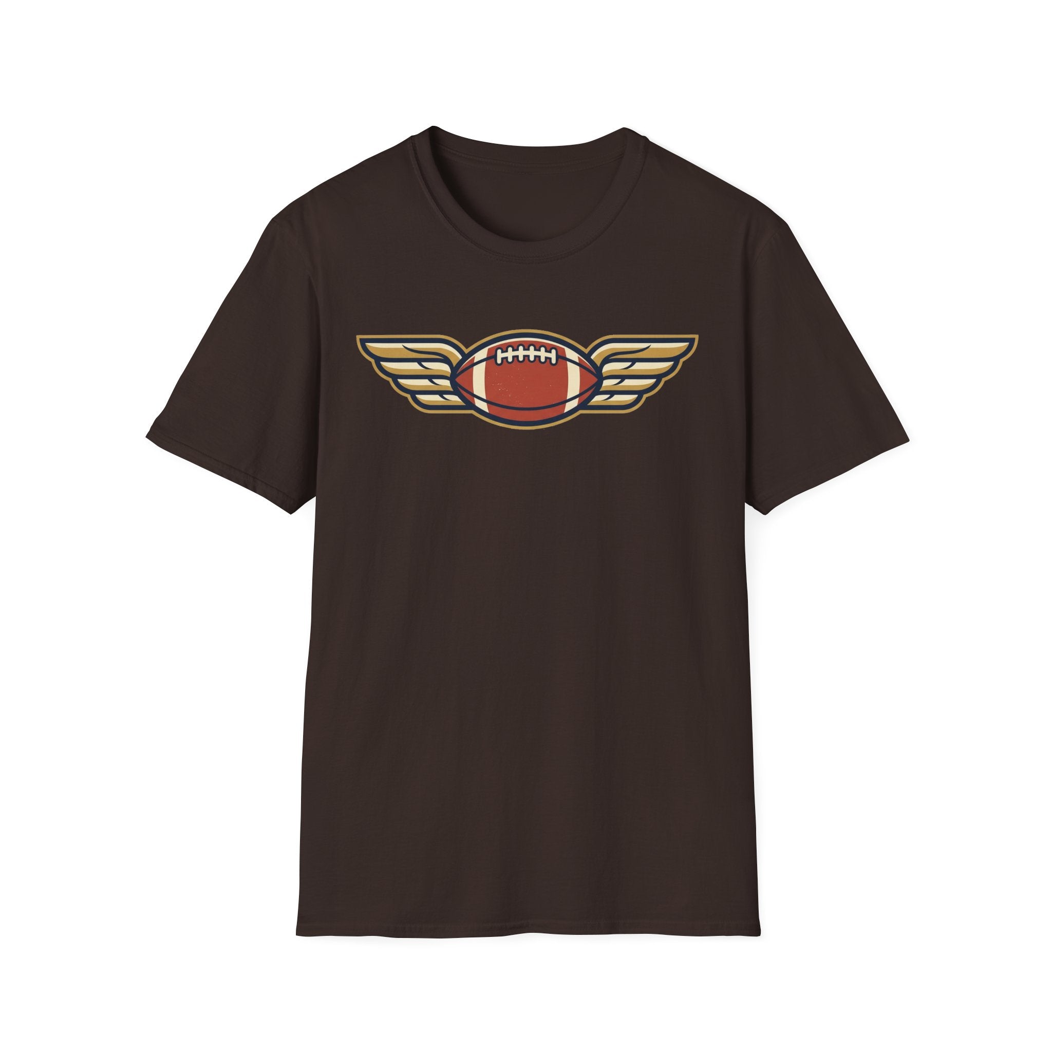 Dark brown crewneck T-shirt with winged football graphic at center chest