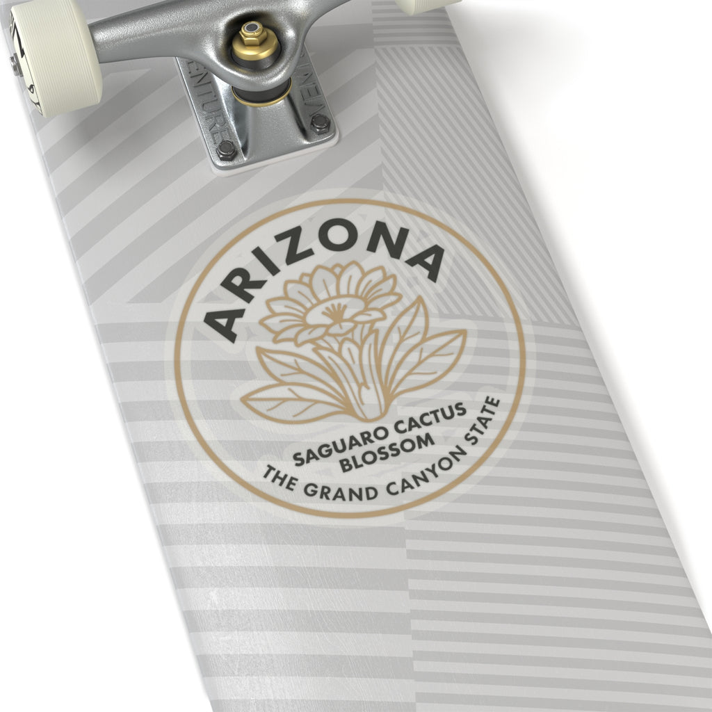Transparent vinyl Arizona saguaro cactus blossom sticker, circular outline with botanical text