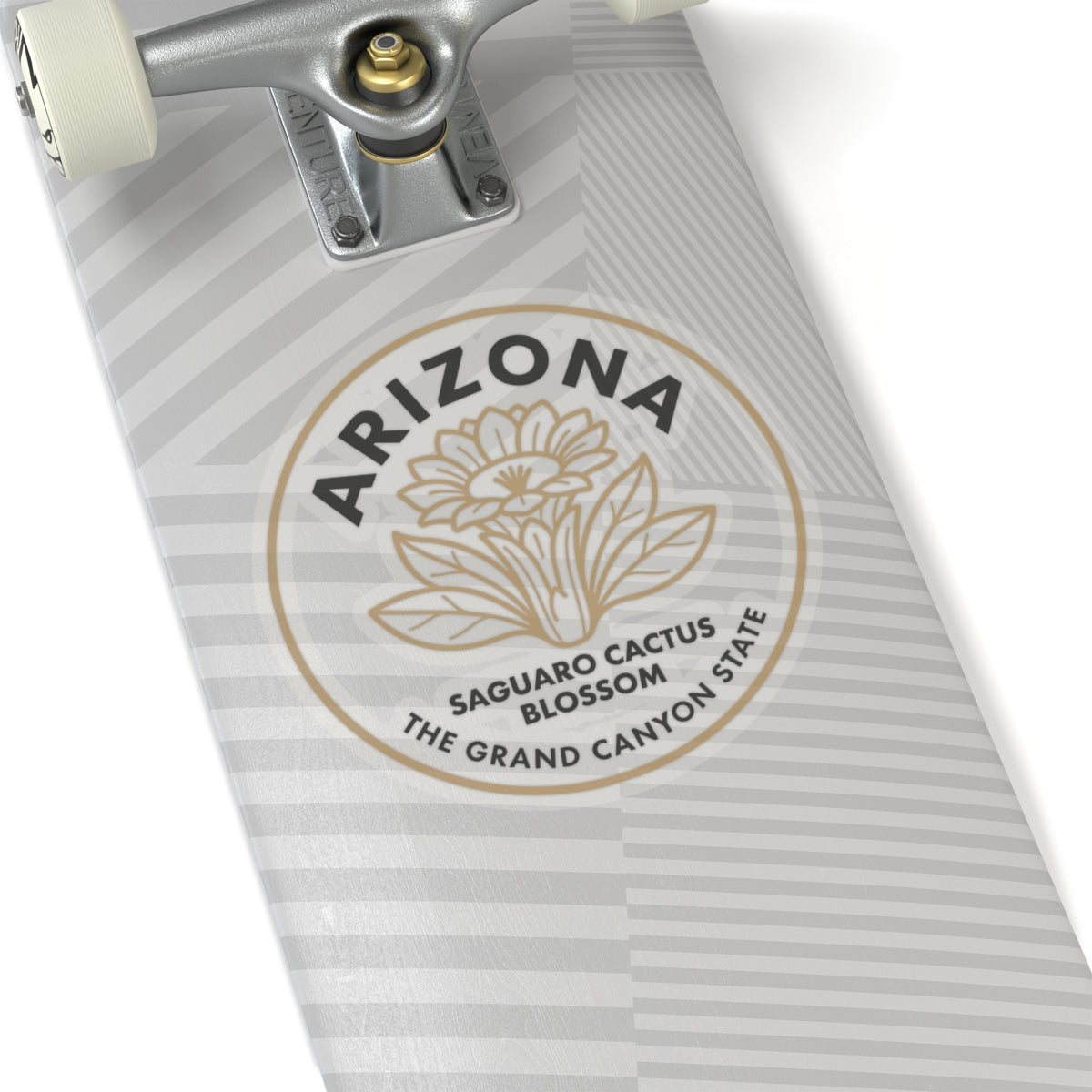 Transparent vinyl Arizona saguaro cactus blossom sticker, circular outline with botanical text