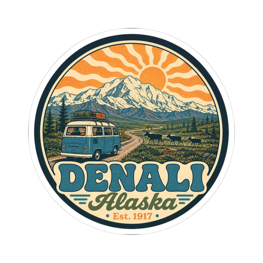 Circular Denali Alaska sticker with mountain, sun rays, teal camper van, and elk silhouettes