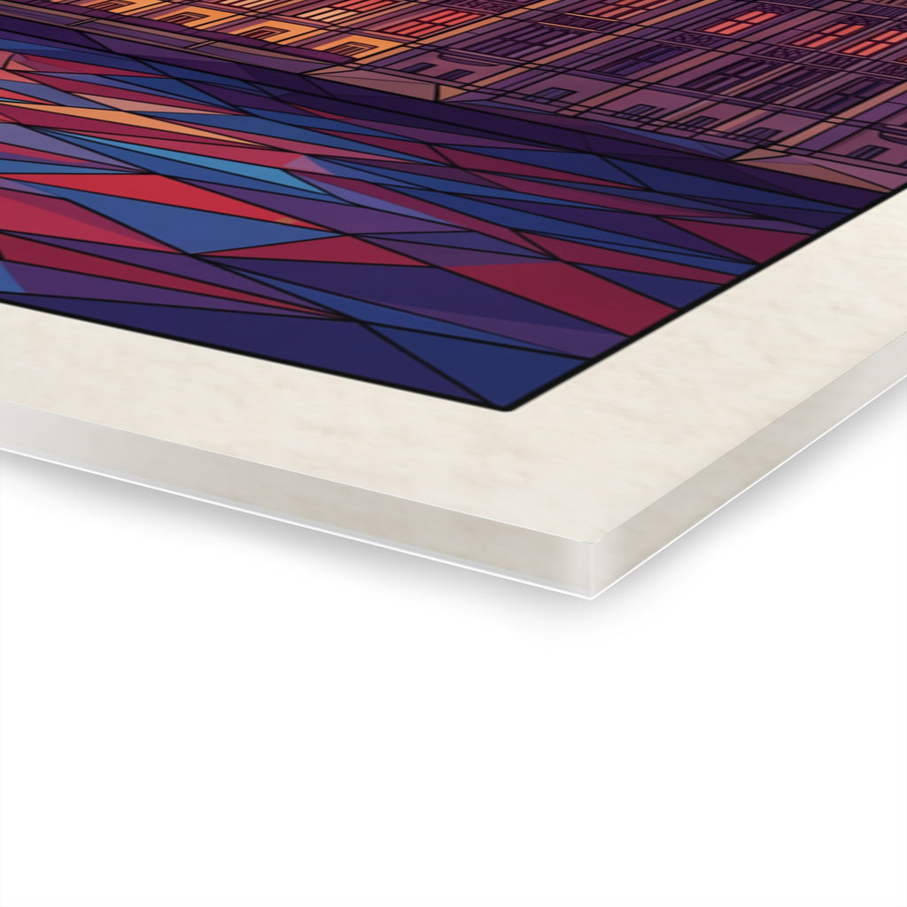 Acrylic wall art corner detail showing geometric red and blue pattern on the surface
