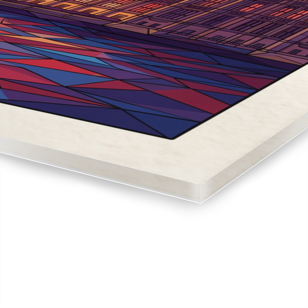 Acrylic wall art corner detail showing geometric red and blue pattern on the surface