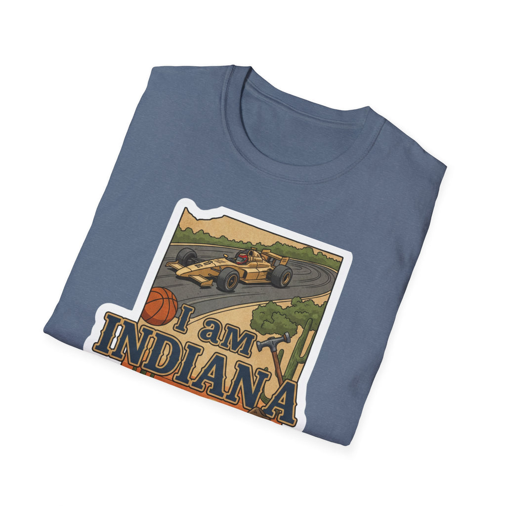 Heather Indigo I am Indiana T-shirt with race car, basketball and Indiana outline graphic