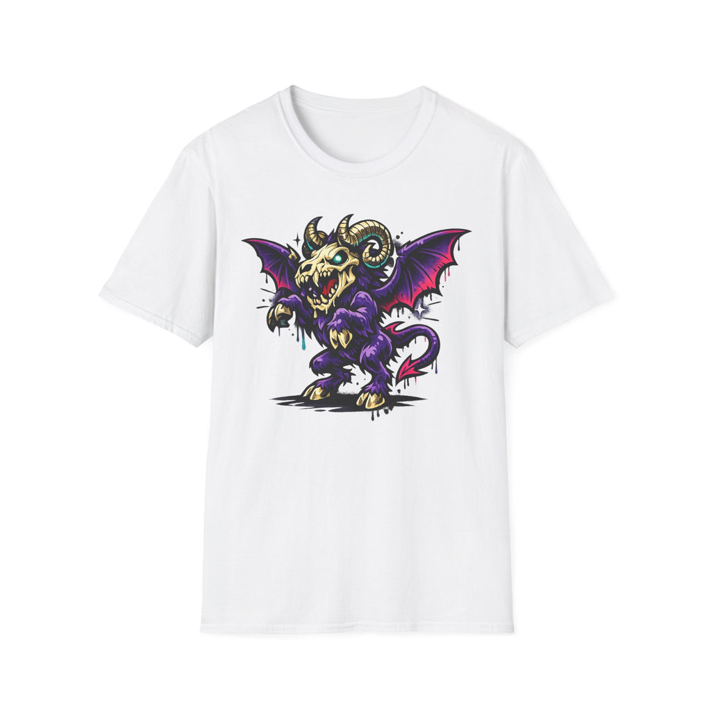 White short-sleeve t-shirt with purple bat-winged ram skull monster front graphic