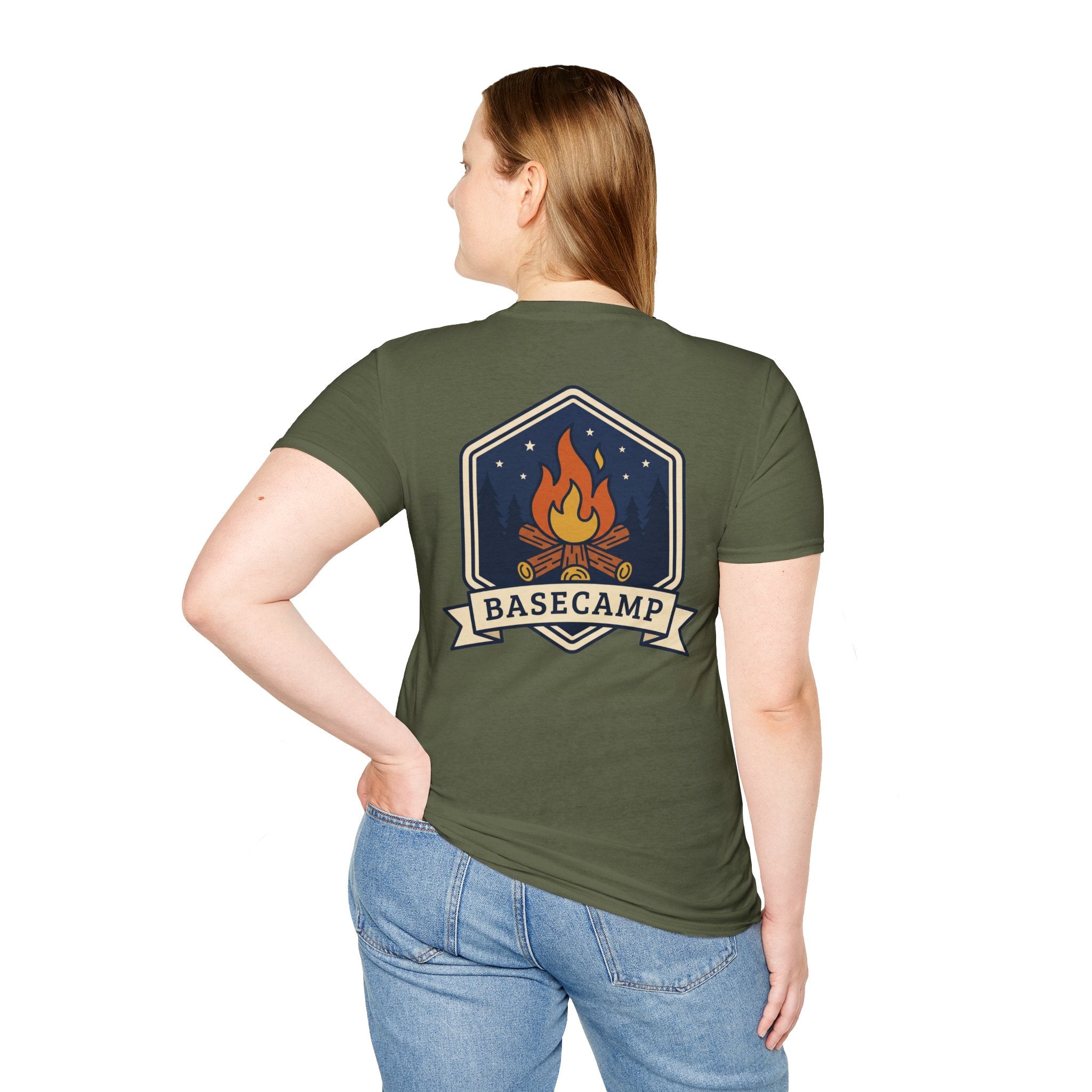 Olive green T-shirt with large back campfire badge graphic