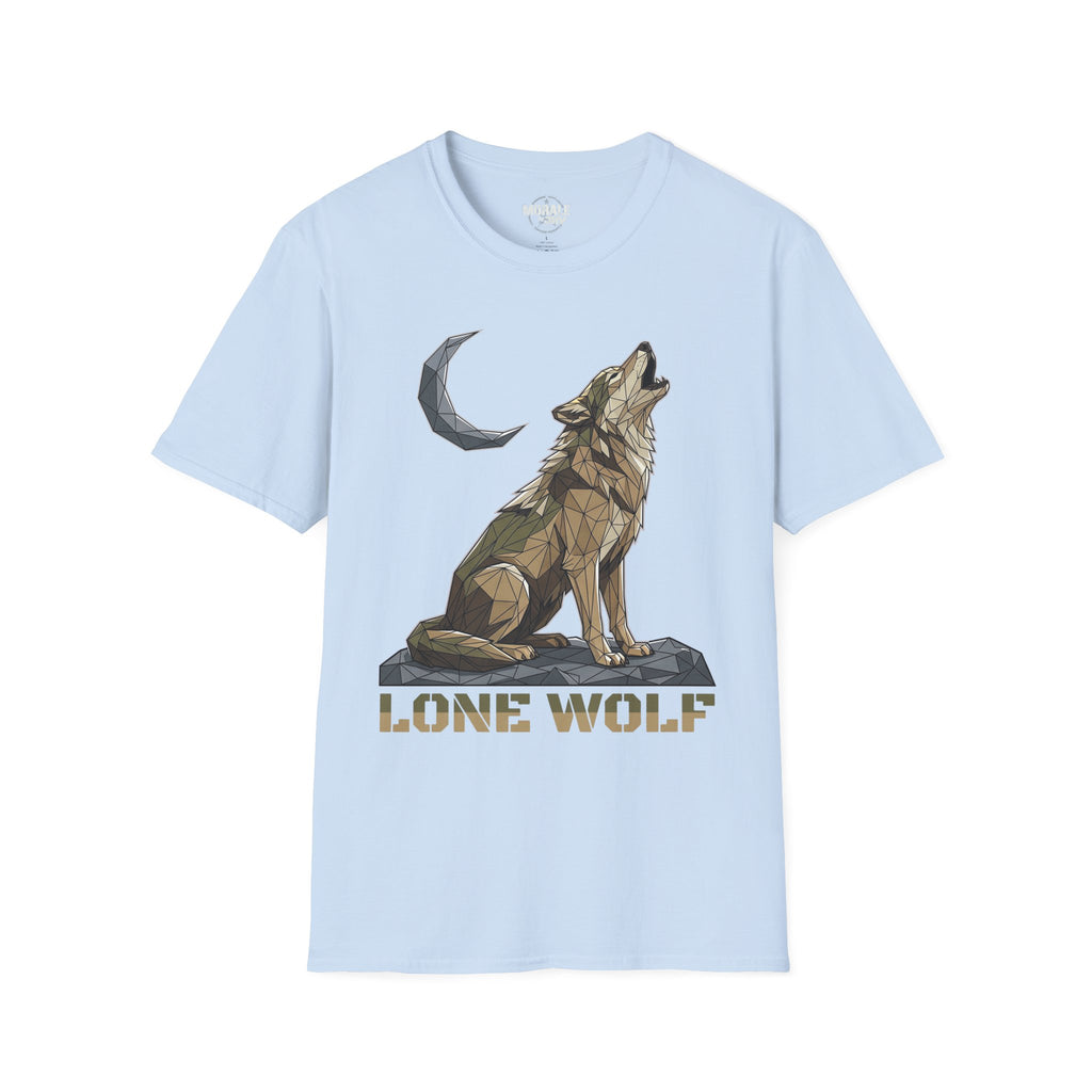 Light blue T-shirt featuring geometric lone wolf howling and moon graphic