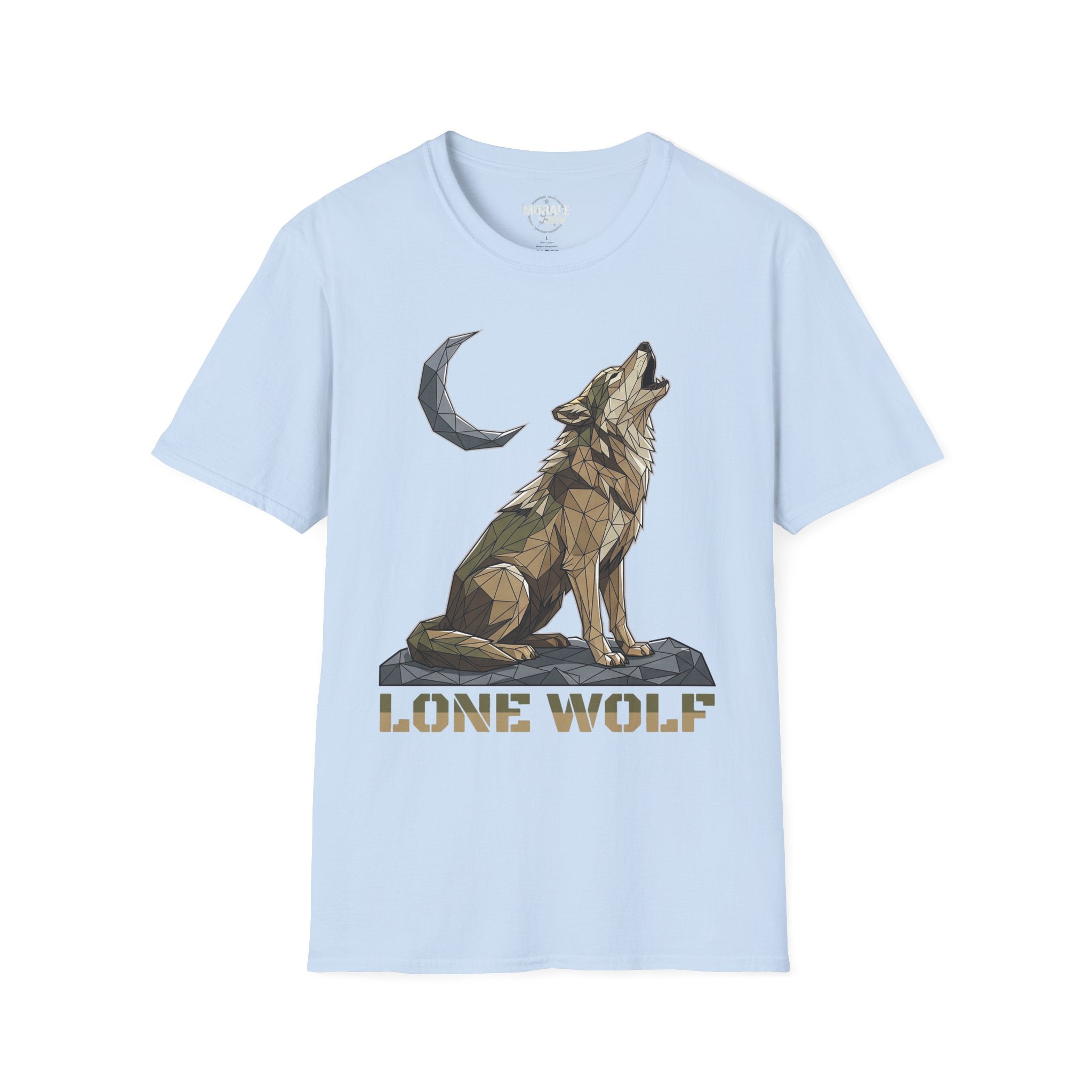 Light blue T-shirt featuring geometric lone wolf howling and moon graphic
