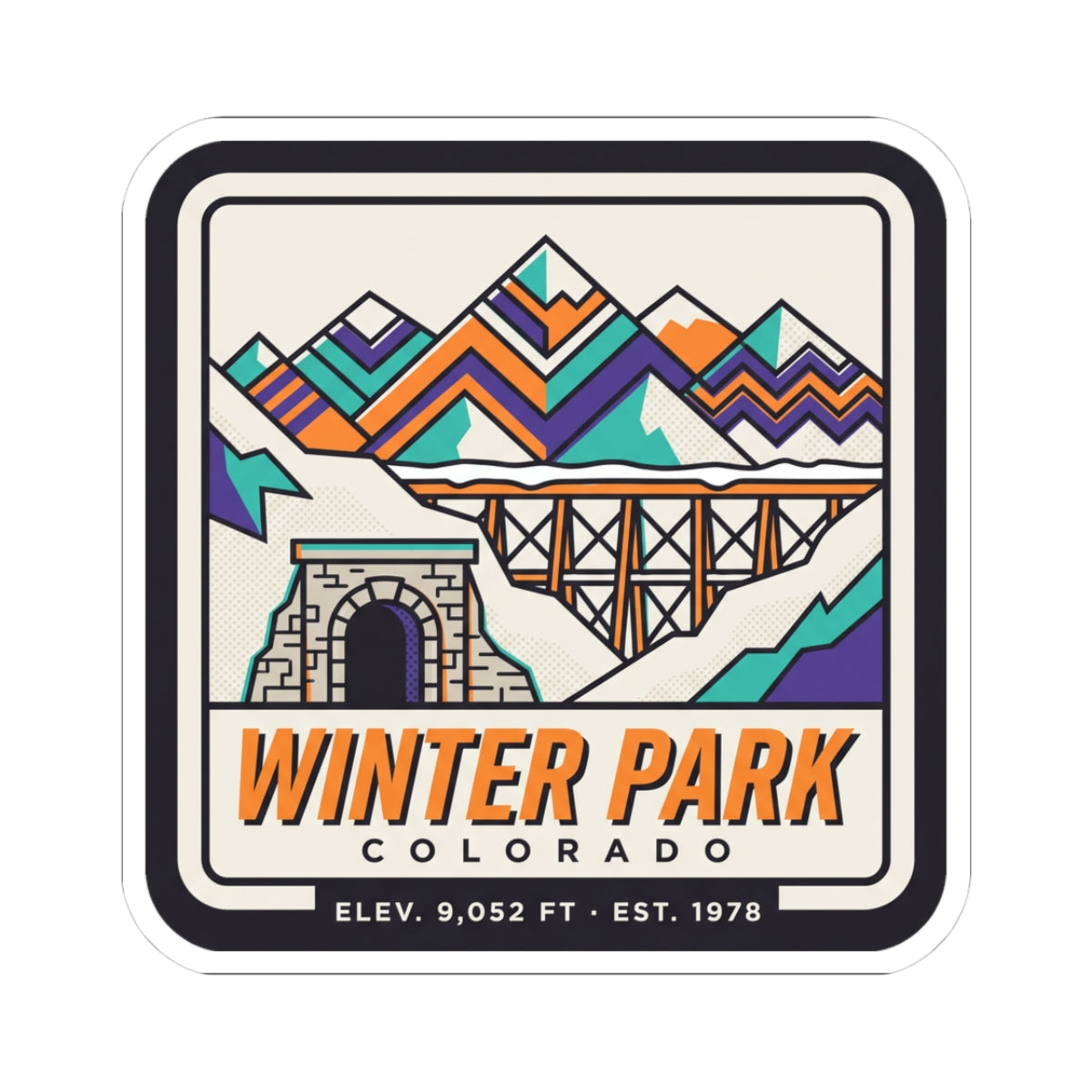 Square retro ski badge sticker with colorful mountain, bridge, train tunnel, and Winter Park text