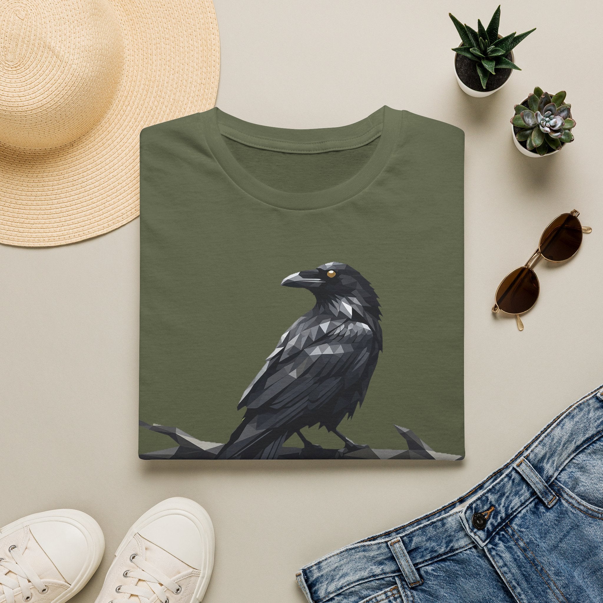 Military green raven t-shirt with a sitting black crow graphic on front