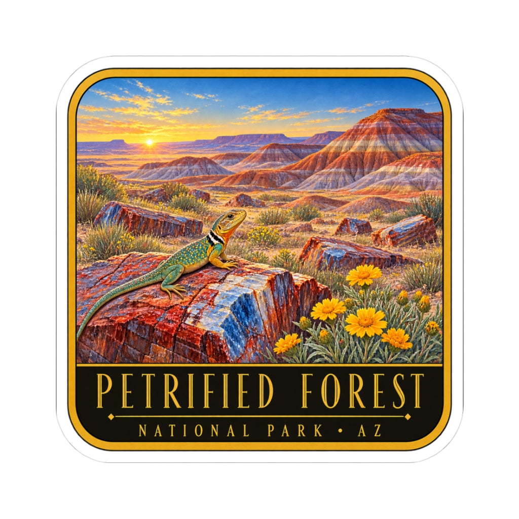 Kiss-cut vinyl decal sticker with desert landscape, green lizard, and Petrified Forest label