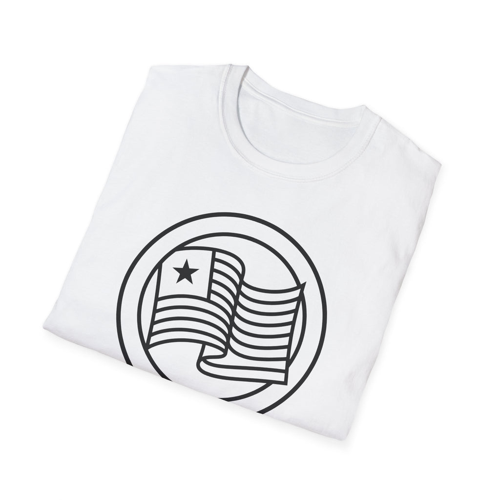 White t-shirt with large round flag graphic on the front