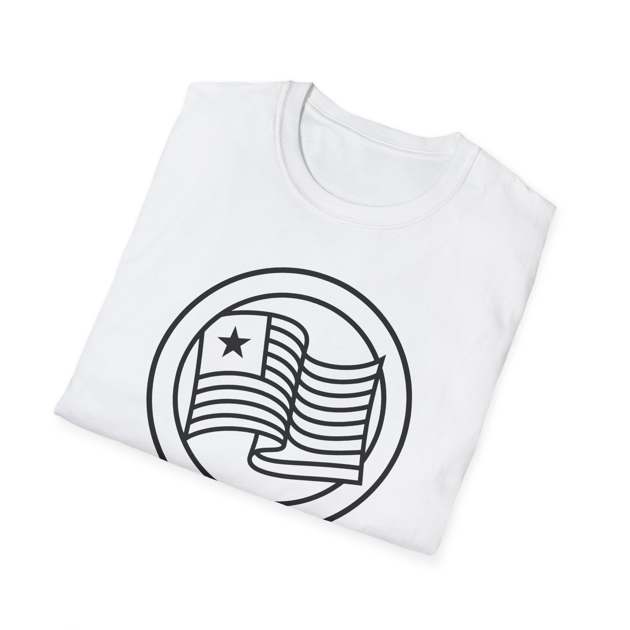 White t-shirt with large round flag graphic on the front