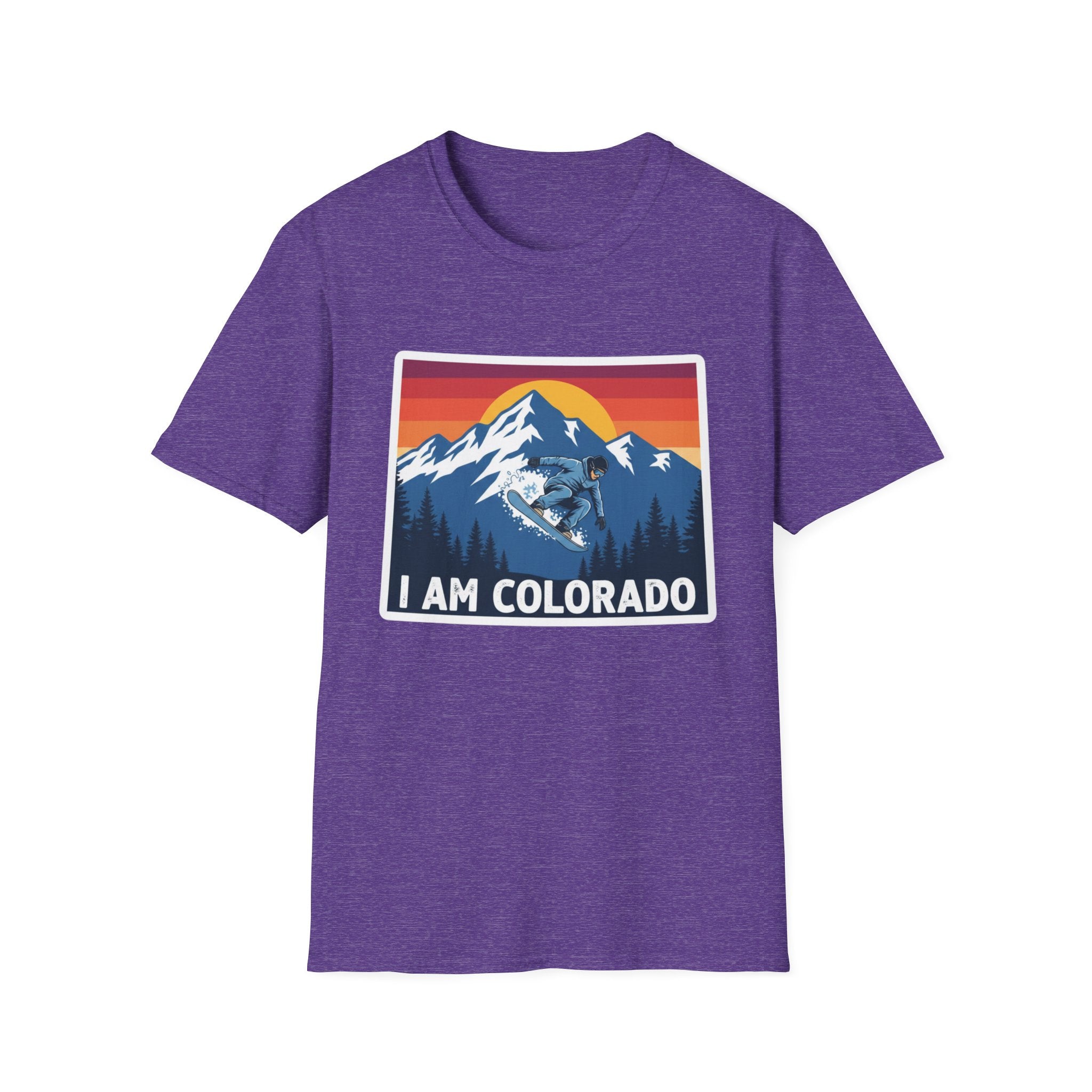 Colorado graphic T-shirt, purple; 'I AM COLORADO' mountain and bear print